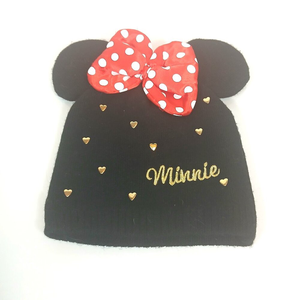 Minnie Mouse Knit Winter Hat Black With Gold Metal Hearts And Red Polka Dot Bow